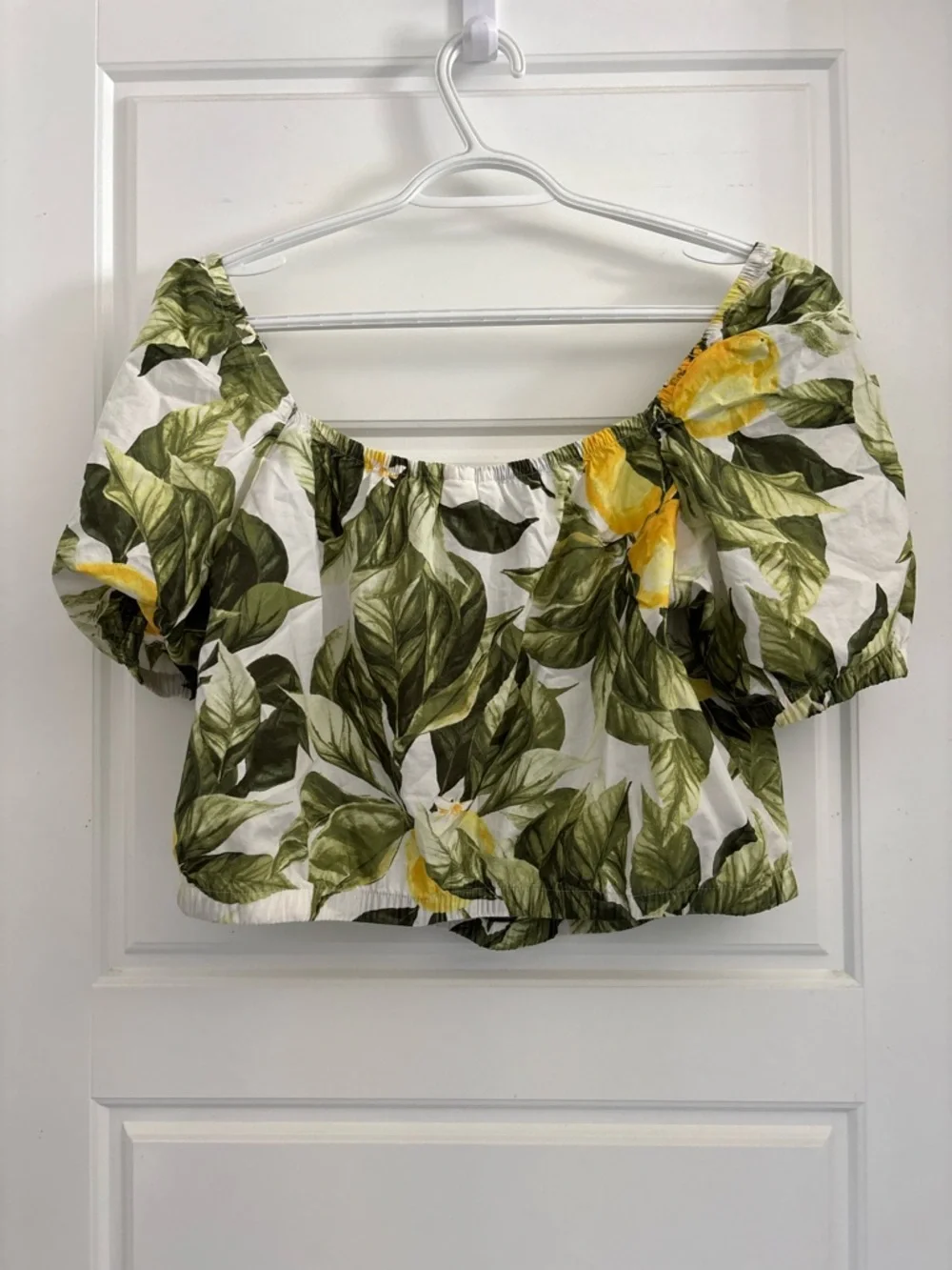 H&M Lemon Print Off Shoulder 100% Cotton Blouse Medium Tropical Puff Sleeve - Picture 3 of 5